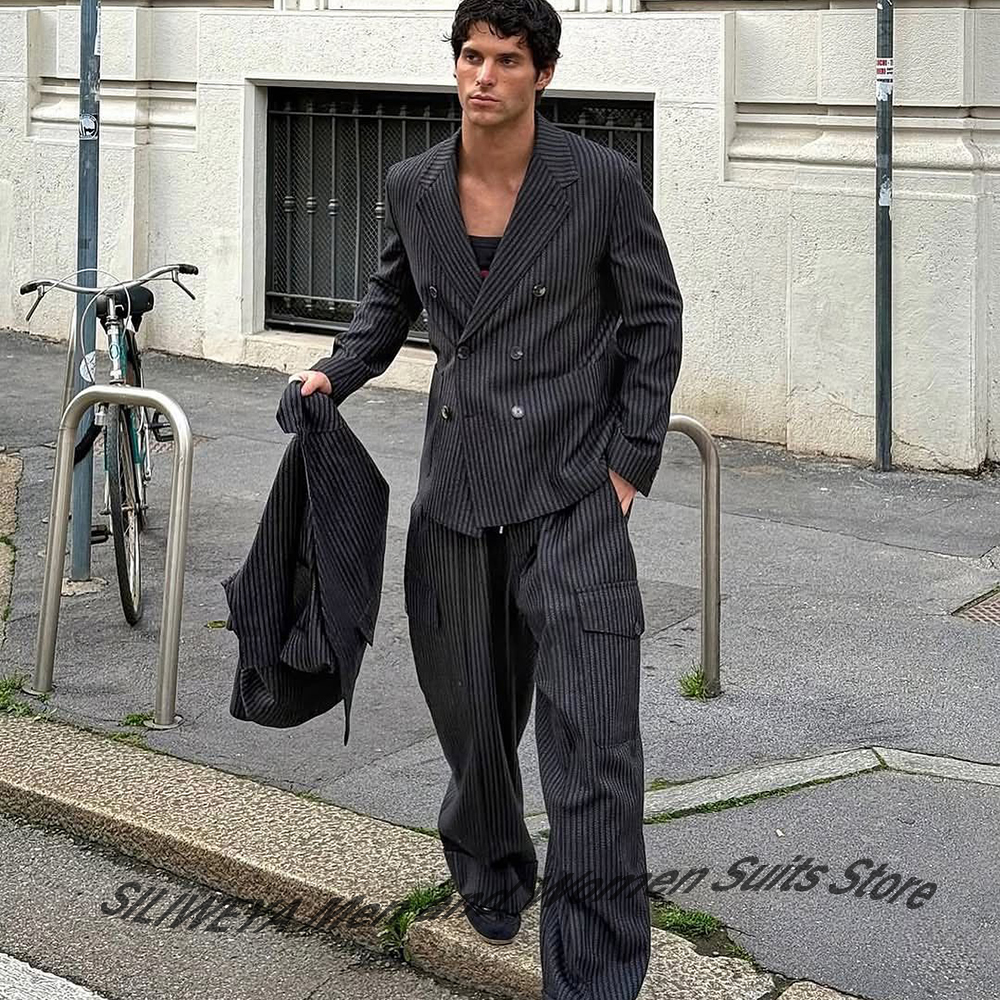 Men'S Formal Evening Wear - Elegant Man Suit Pinstripe Double-Breasted Notch