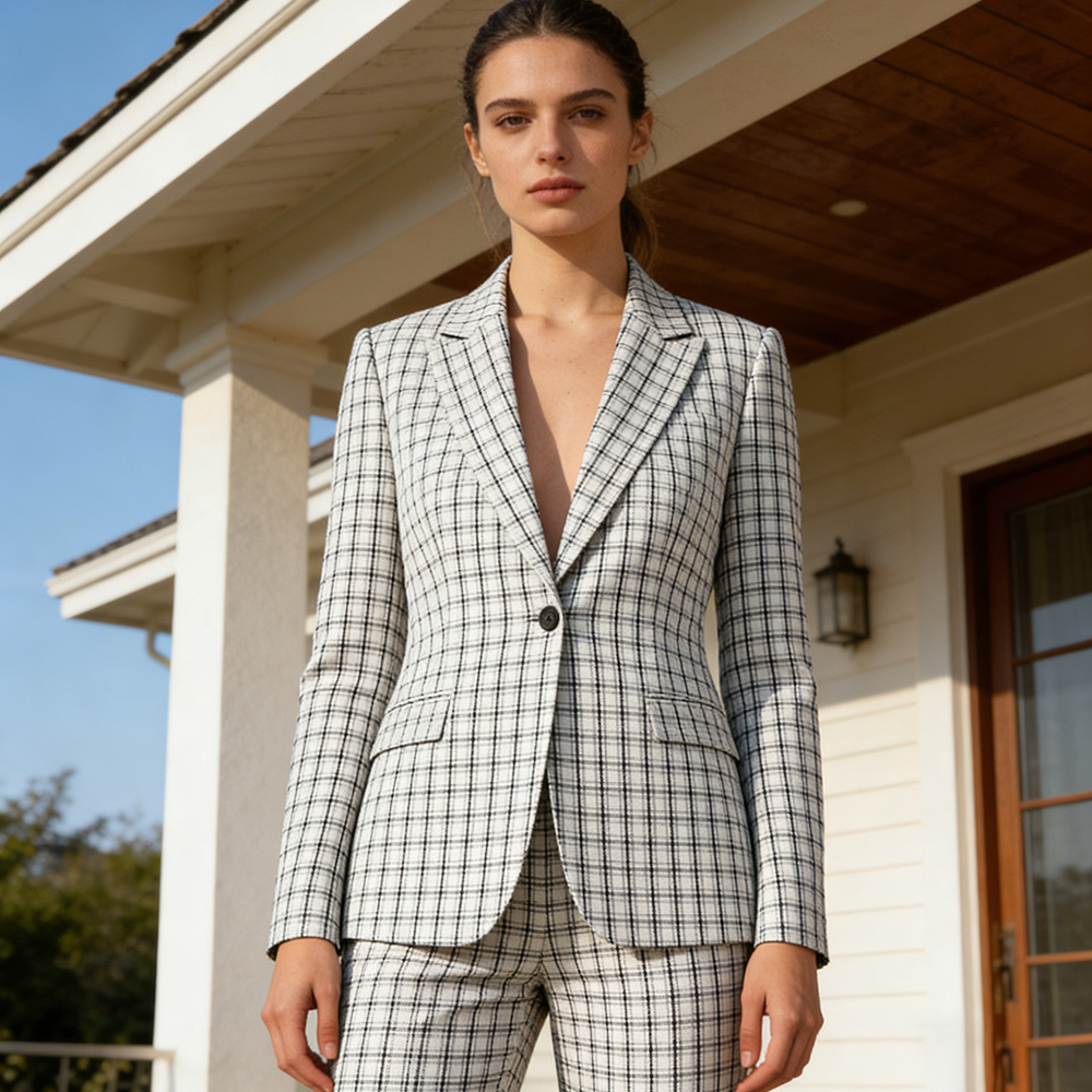 Slim Fit Suit Set - One-Button Women's Suits Luxury Plaid Slim