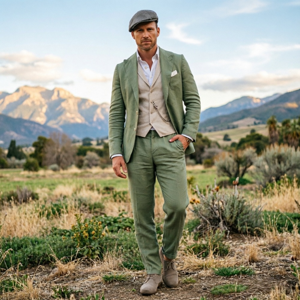 Sage Green Linen Men 3 Piece S - Men Formal Wear Green ulasan dan harga