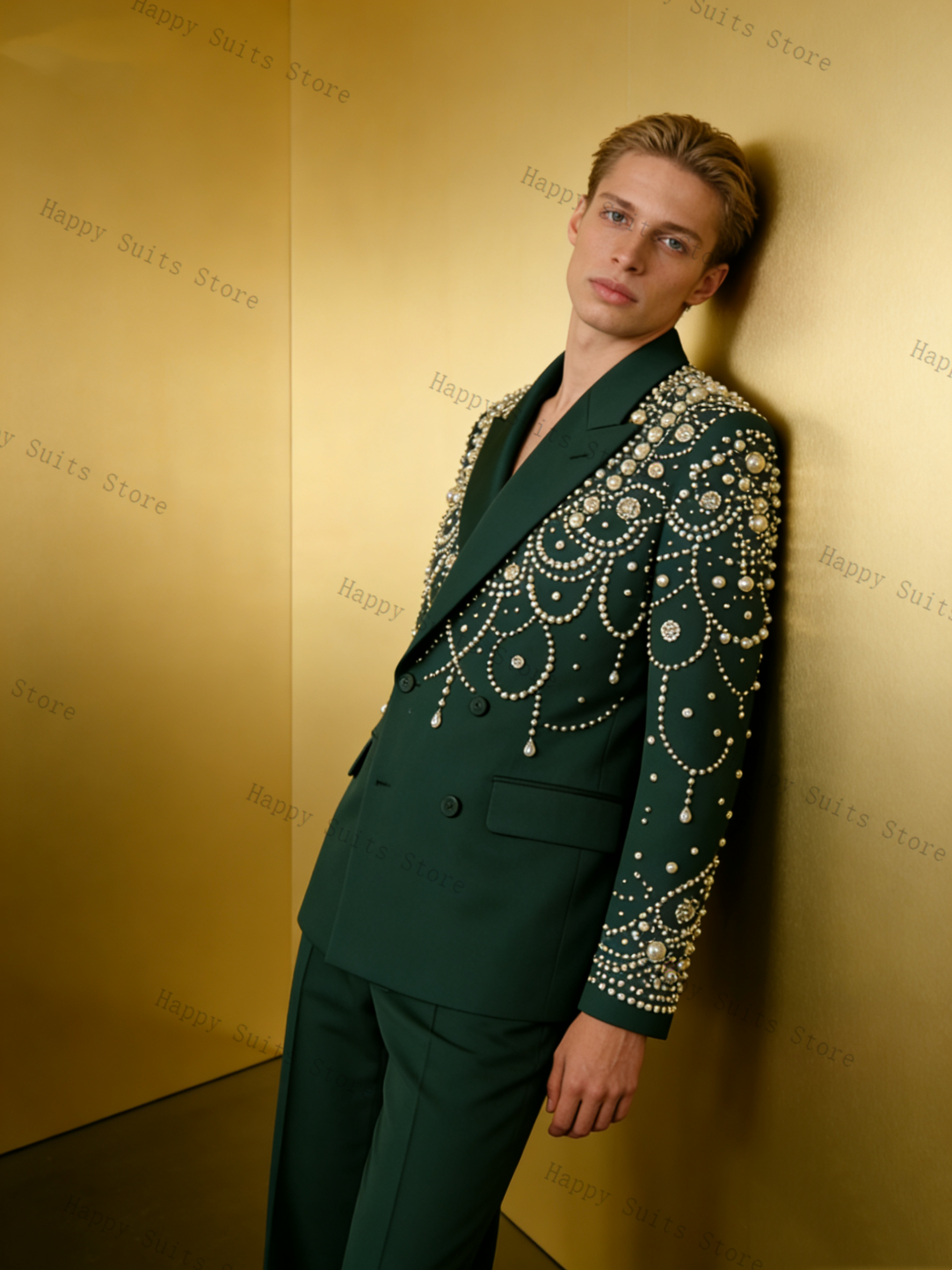 Green Crystals Men Suit Set 2  - Men Formal Wear Green ulasan dan harga