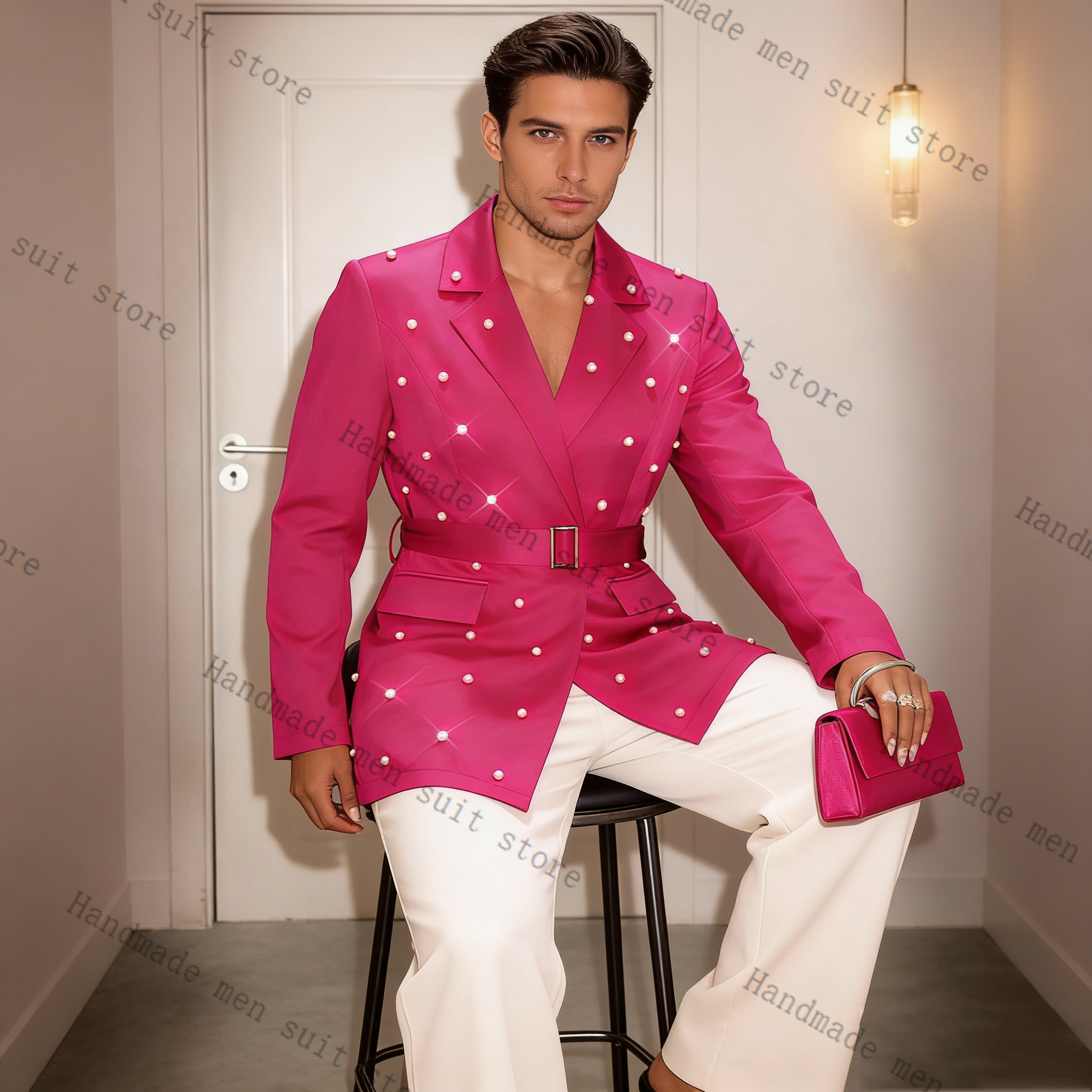 Pearls Pink Men Suit Set 2 Pie - Men Formal Wear With Coat ulasan dan harga