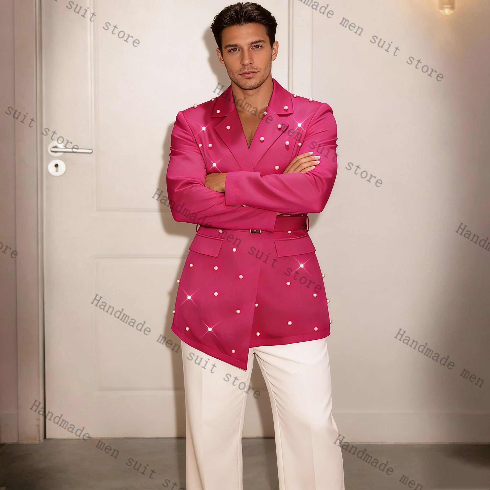 Pearls Pink Men Suit Set 2 Pie - Men Formal Wear With Coat ulasan dan harga