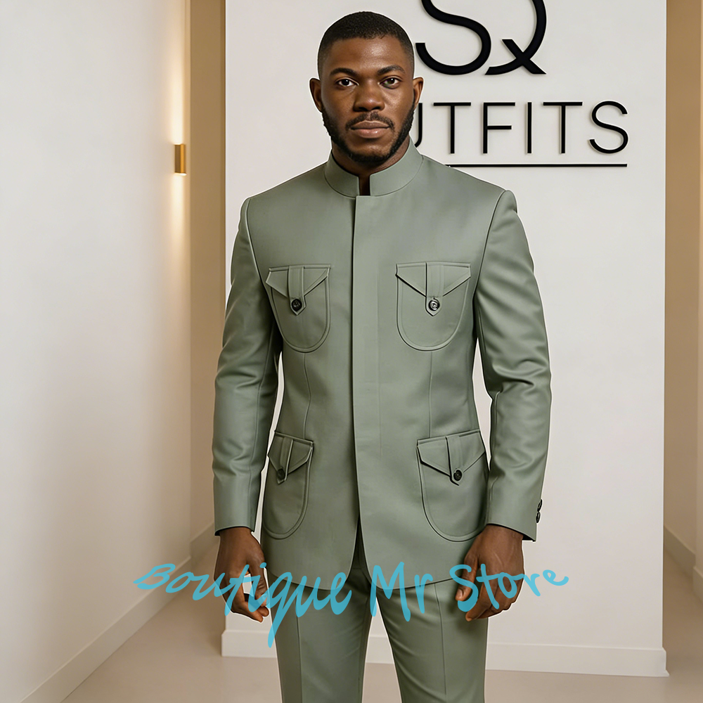 Olive Green Mandarin Collar Me - Men Formal Wear Green ulasan dan harga
