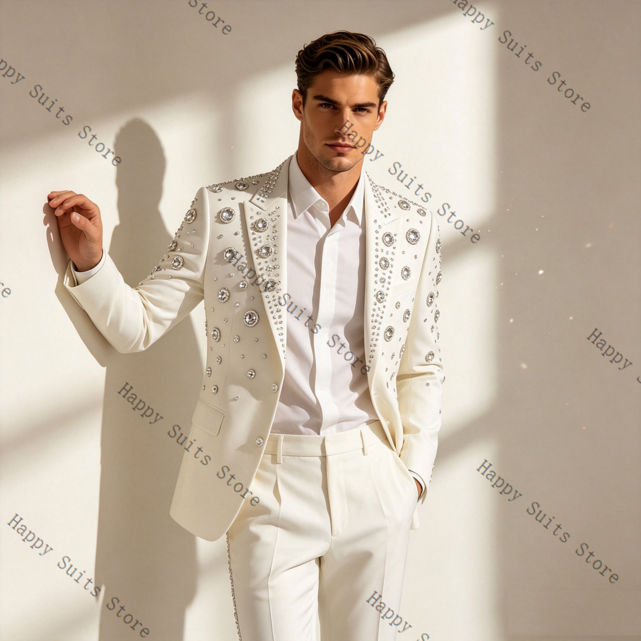 Crystals White Men Suit Set 2  - Men Formal Wear With Coat ulasan dan harga