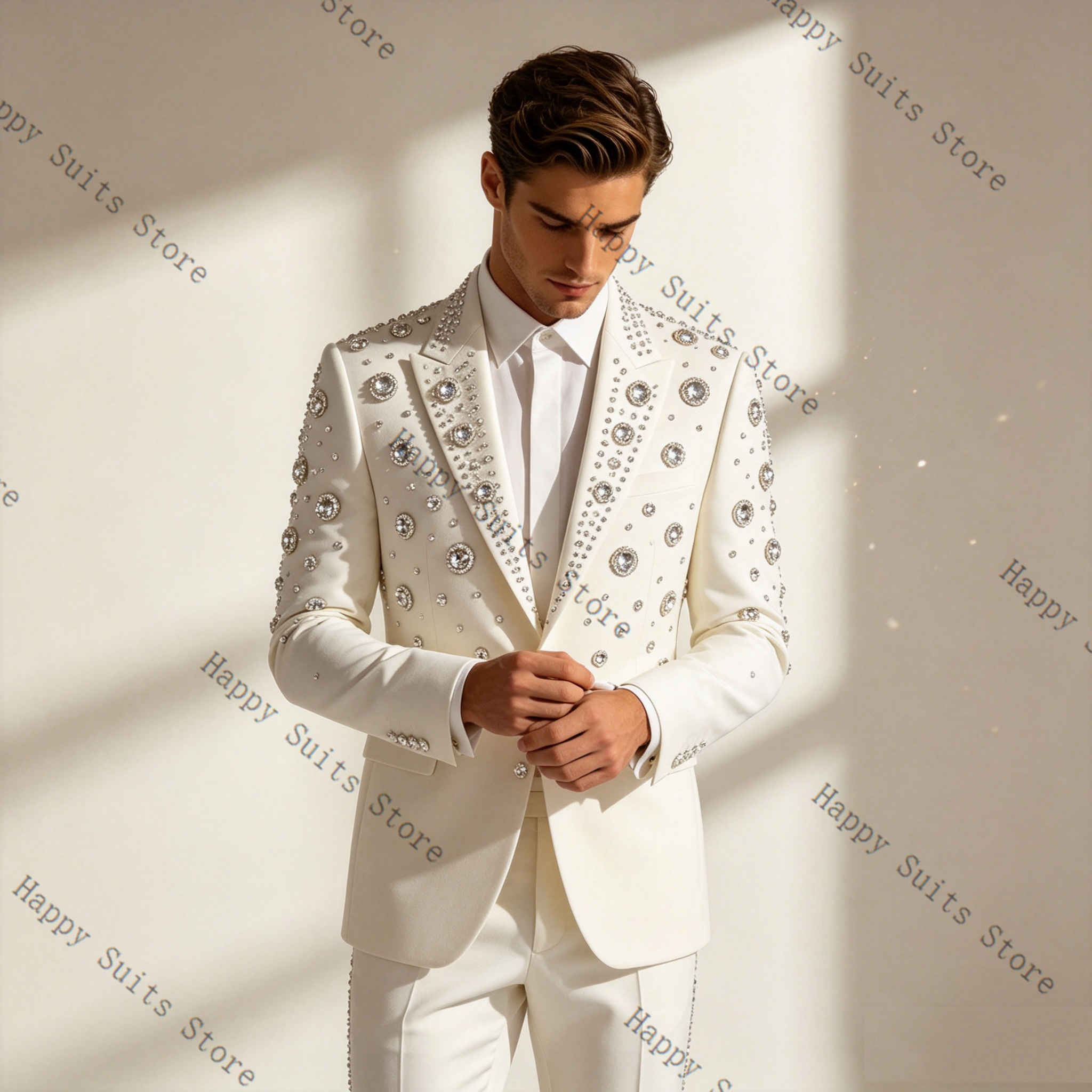 Crystals White Men Suit Set 2  - Men Formal Wear With Coat ulasan dan harga