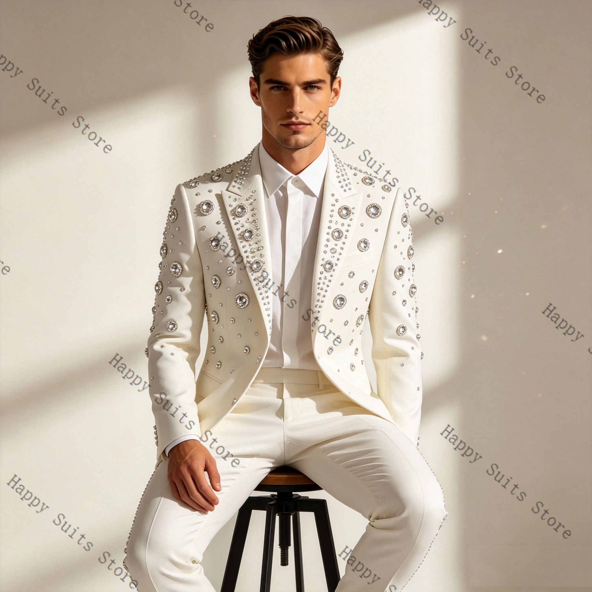 Crystals White Men Suit Set 2  - Men Formal Wear With Coat ulasan dan harga