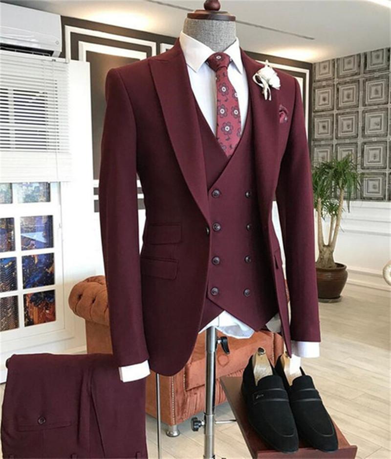 2021 Burgundy Double Breasted  - Men Formal Wear With Blazer ulasan dan harga